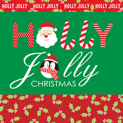 Christmas card with santa, penguin and holly jolly