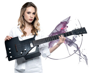 Woman in white shirt holding black guitar with abstract pink and white overlay on a dark backdrop