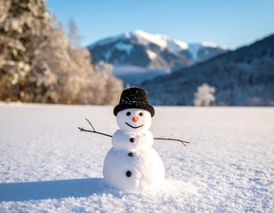 Adorable snowman stands in snowy landscape, mountains backdrop