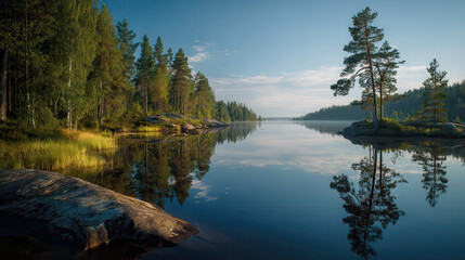 Obraz premium Serene lake reflects lush forest and lone pine tree under blue sky