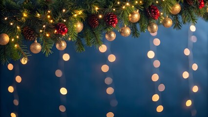 Holiday illumination and decoration concept - christmas garland bokeh lights over dark blue background.
