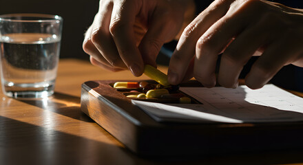 Hands meticulously sort vibrant medication pills and capsules from a wooden daily organizer, with a glass of water, symbolizing a disciplined health approach.