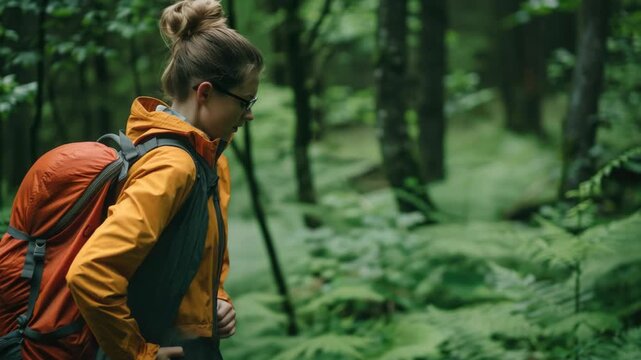 A woman hiking through a lush green forest with backpack and outdoor gear