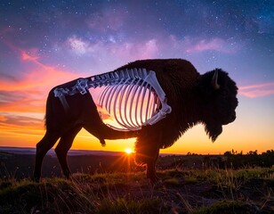 Bison silhouette with exposed skeletal structure against sunrise/sunset sky