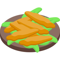 Golden Brown Chicken Wings Served on a Bed of Vibrant Green Lettuce on a Round Brown Plate with a Transparent Background in a Flat Design Style