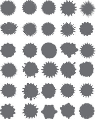 Black ink blots and splashes vector illustration set with blank green glossy circle price stickers, sale web button icon, and star shape tag symbol design elements