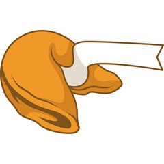 Golden brown fortune cookie with a blank white message strip on a transparent background isolated