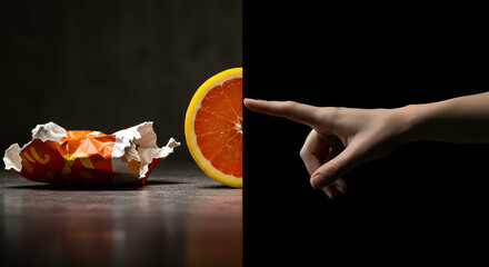 A compelling visual dichotomy presents a crumpled wrapper and fresh grapefruit juxtaposed with a hand pointing into darkness, symbolizing crucial life choices.