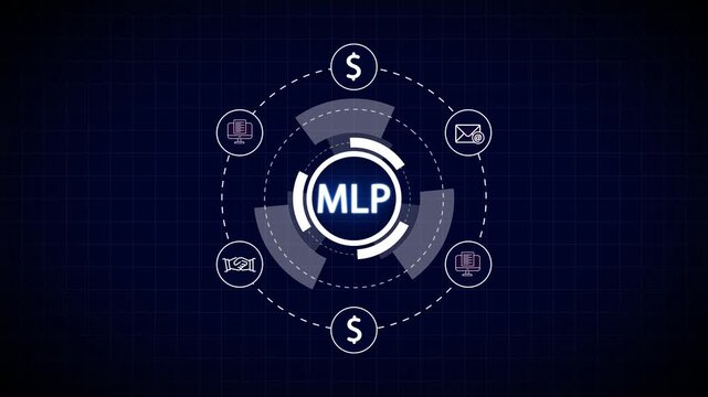 MLP abstract digital interface with icons and grid background Keywords: MLP, Multi- Layer Perceptron, artificial intelligence, machine learning, technology, digital, interface, abstract, data