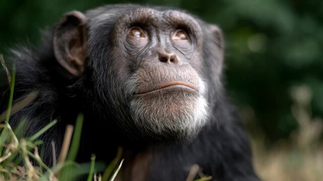 Close-Up Portrait of a Wild Chimpanzee Sitting in Tall Grass with Intense Gaze