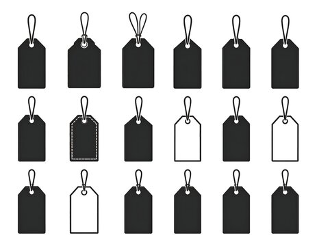 Collection of various rectangular tags with strings, mostly black & white