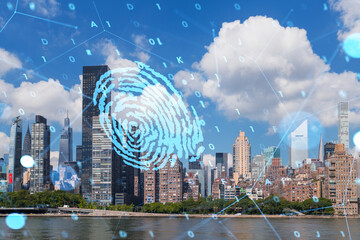 New York skyline with hologram of a fingerprint overlay, concept of future city security. Double exposure