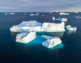 Aerial view of icebergs floating in blue ocean water