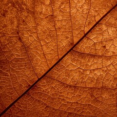 Detailed macro photograph of an autumn leaf showing intricate vein structure and rich orange-brown texture, capturing the delicate natural pattern and organic beauty of seasonal foliage in high defini