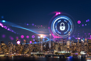 Nighttime view of a city skyline with a hologram of a security lock overlay. Double exposure