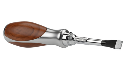 Closeup of a stubby screwdriver with a wooden handle isolated on transparent background