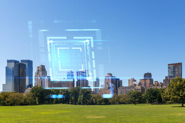 A hologram futuristic interface floating over an urban park with a cityscape background. Double exposure