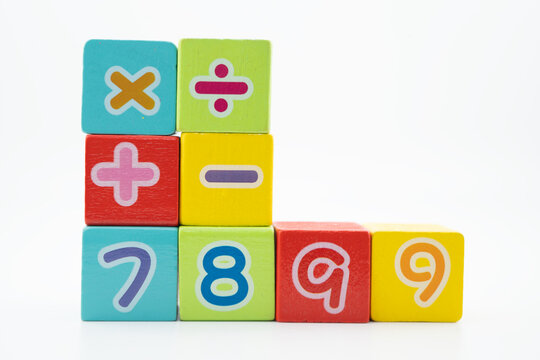 Number wood block cubes for learning Mathematic, education math.