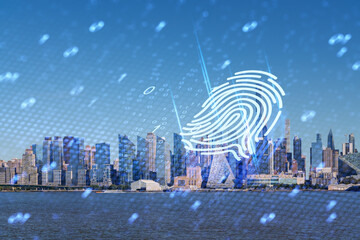A cityscape of New York with a futuristic hologram fingerprint overlay. The style is a double...