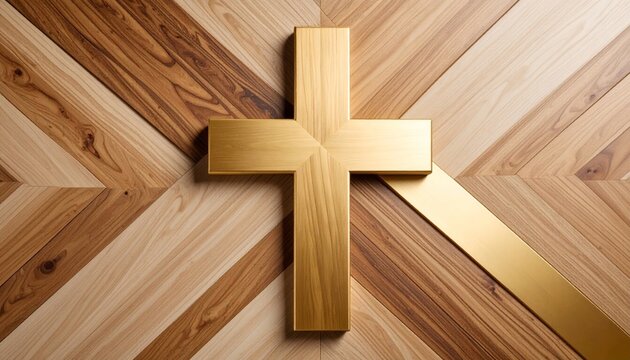 Elegant golden cross on wood grain parquet background symbolizing faith