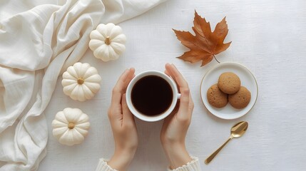 Cozy autumn flat lay with female hands holding a warm cup of coffee surrounded by mini white pumpkins, cookies, a golden spoon, and a dry maple leaf on soft fabric background in warm seasonal atmosphe