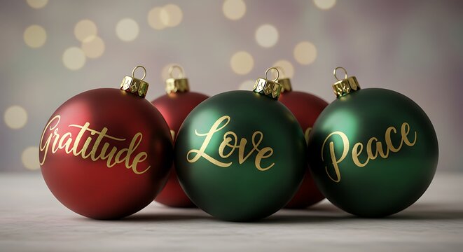 Christmas ornaments with gratitude love and peace written on them