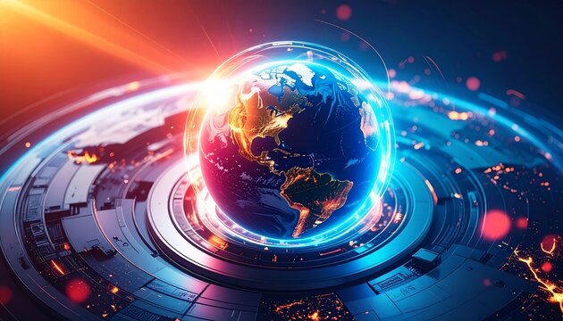 Futuristic Earth Globe Surrounded by Digital Data Network and Information Flow