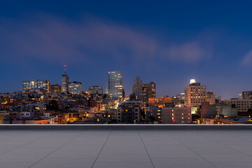Skyscrapers Cityscape Downtown, San Francisco Skyline Buildings. Beautiful Real Estate. Night time. Empty rooftop View. Success concept.