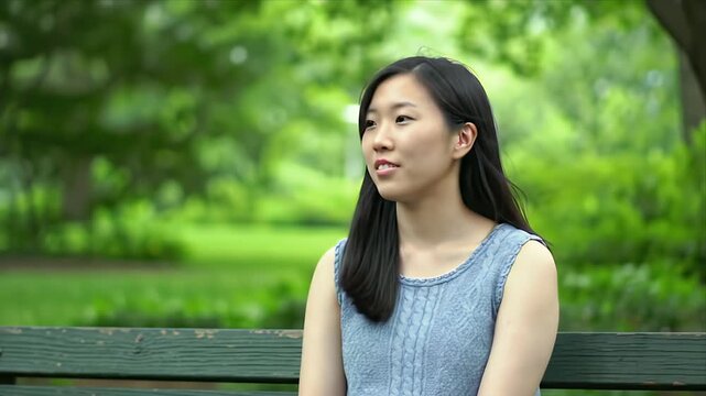 Captivating young Asian woman sits thoughtfully on a park bench observing her surroundings with a serene expression enjoying a peaceful outdoor moment amidst lu