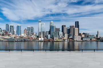 Obraz premium Skyscrapers Cityscape Downtown, Seattle Skyline Buildings. Beautiful Real Estate. Day time. Empty rooftop View. Success concept.