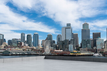 Obraz premium Skyscrapers Cityscape Downtown, Seattle Skyline Buildings. Beautiful Real Estate. Day time. Empty rooftop View. Success concept.
