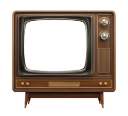 Retro brown wooden console television with blank screen, isolated on transparent background