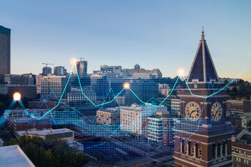 Skyscrapers Cityscape Downtown View, Seattle Skyline Buildings. Beautiful Real Estate. Sunset....