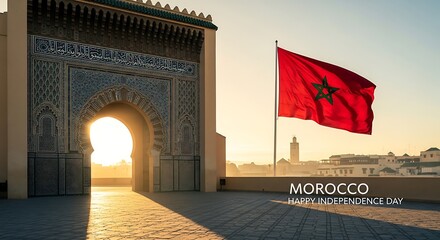 Morocco Independence Day: Ornate Gateway, Waving Flag, and Golden Sunrise