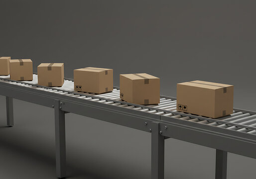 Boxes arranged on a conveyor belt. A visual representation of goods delivery and logistical operation.