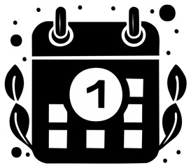 Minimalist black calendar icon showing the first day with decorative leaves and dots