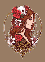 very elegant female design with floral and skull decoration
