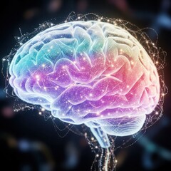 Obraz premium Colorful glowing human brain with neural network connections and abstract lights
