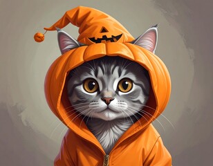 Adorable, striped grey cat wearing a whimsical orange pumpkin costume