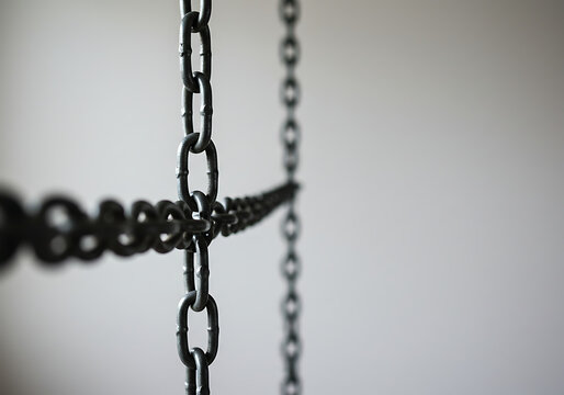 An artistic shot of a metal chain hanging from the ceiling and extending horizontally across.