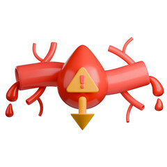 Hypovolemic shock 3D medical illustration showing, represented by a blood drop with a warning symbol on artery and a downward arrow.