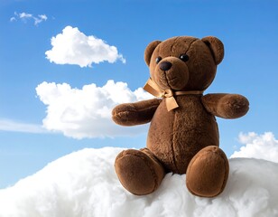 Adorable stuffed animal teddy bear on a fluffy cloud, against a bright blue sky