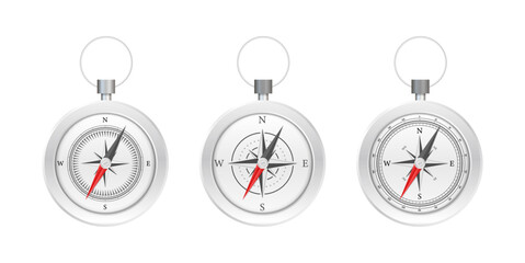 Compasses showing navigation direction and guidance on white background