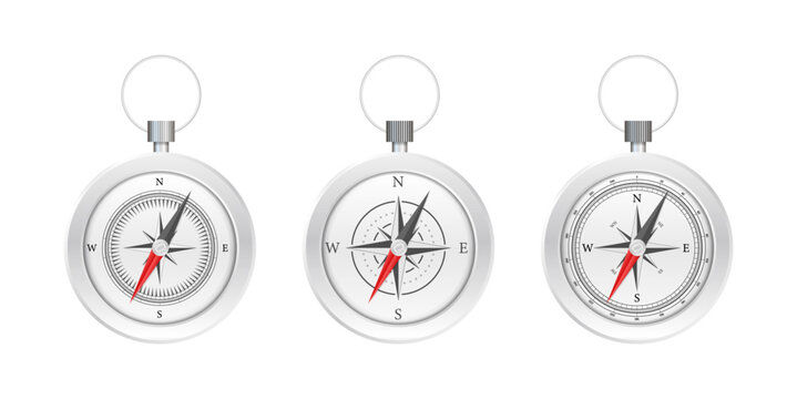 Compasses showing navigation direction and guidance on white background