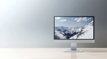 Fototapeta premium A desktop monitor on a sleek stand, soft gray background, balanced layout, copy space below, professional and sharp