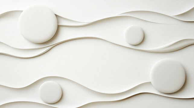 Abstract shapes create serene composition in white space, evoking calmness and simplicity
