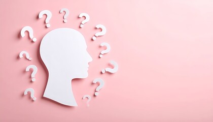 Silhouette of a head surrounded by question marks on a pink background