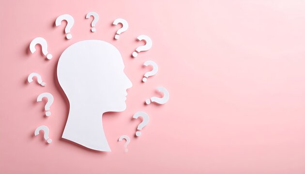 Silhouette of a head surrounded by question marks on a pink background