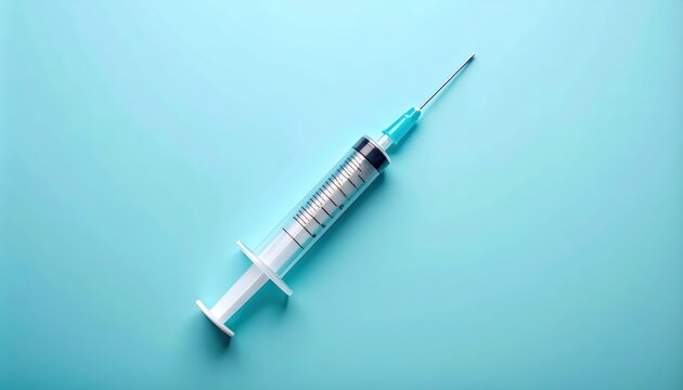 Sterile medical syringe ready for injection on a blue background, healthcare