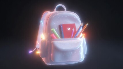 A stunningly vibrant and luminous backpack adorned with colorful school supplies, radiating a playful aura of creativity, ready for adventurous learning experiences and academic journeys. - Powered by Adobe